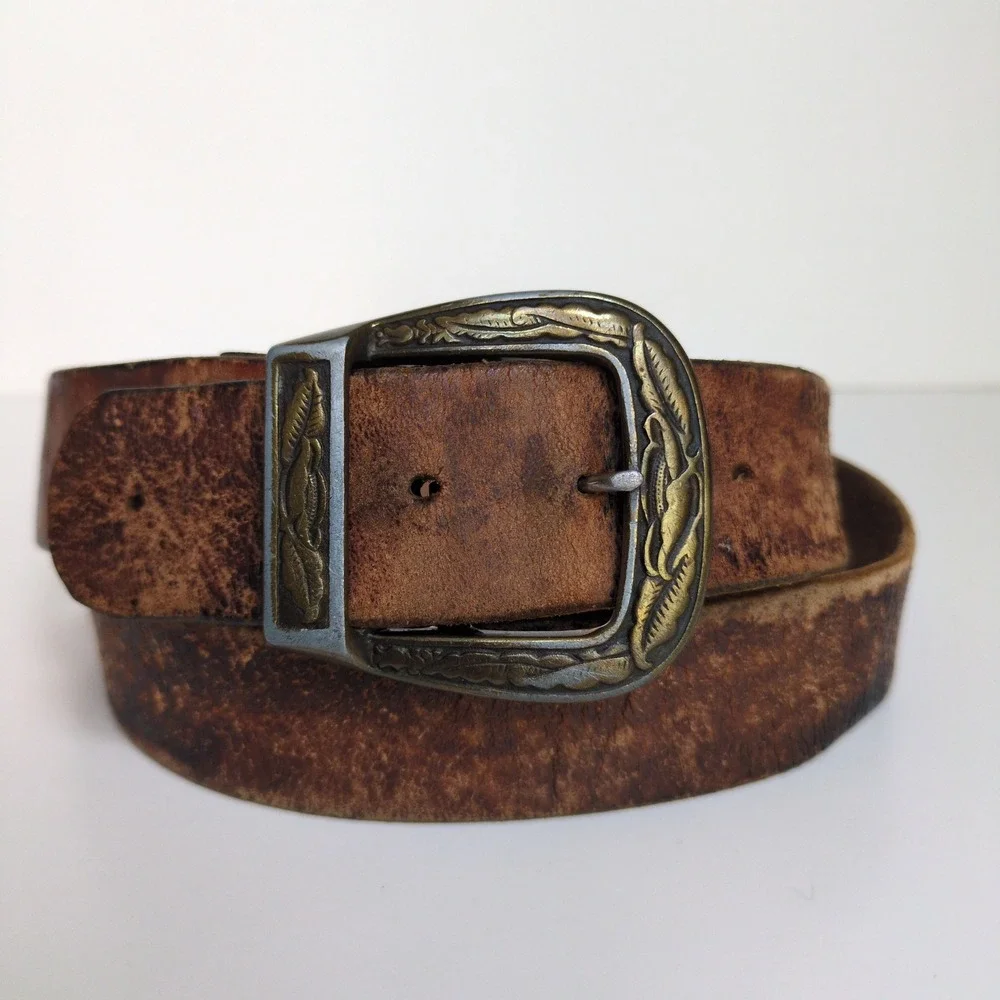 Vtg Leaf Flower Gold Silver Belt Buckle Distressed Leather Belt Engraved Western